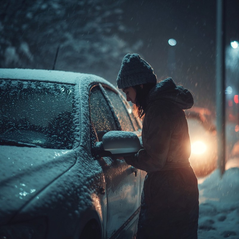 Eine Frau schließt ihr Auto ab, damit es nachts an Silvester sicherer ist.